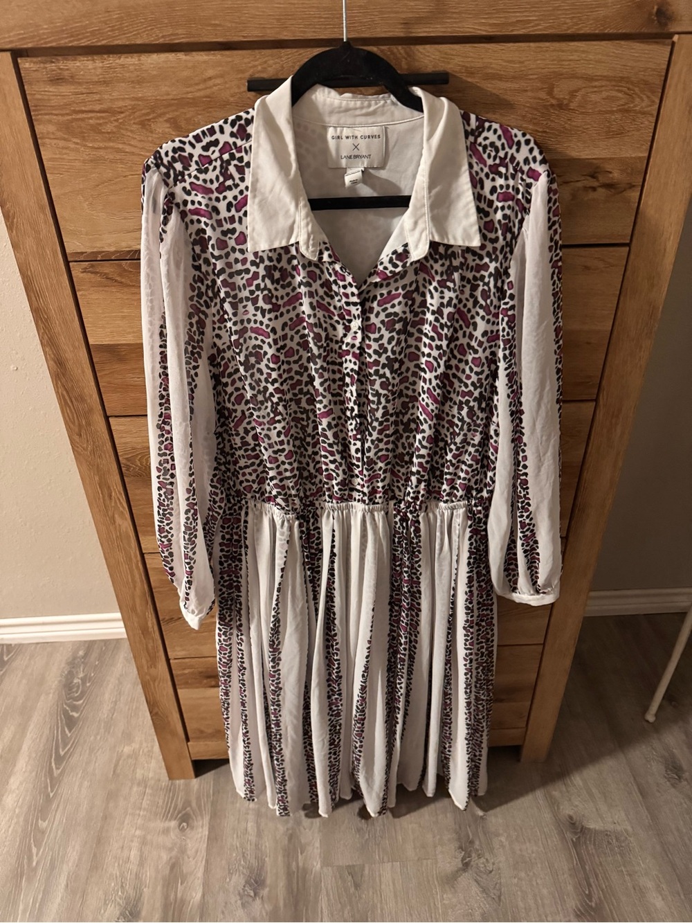 Lane Bryant White Midi Shirt Dress with Pink & Black Leopard Accents